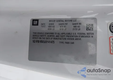 2018 Chevrolet Camaro 1Lt z USA, uszkodzony, nr VIN 1G1FB1RX9J0141475